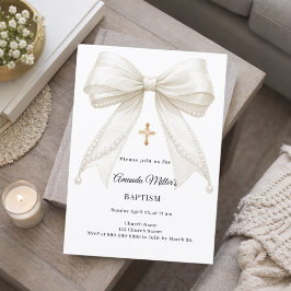 Invitación Bow Ivory Pearls Girl Elegant Baptism