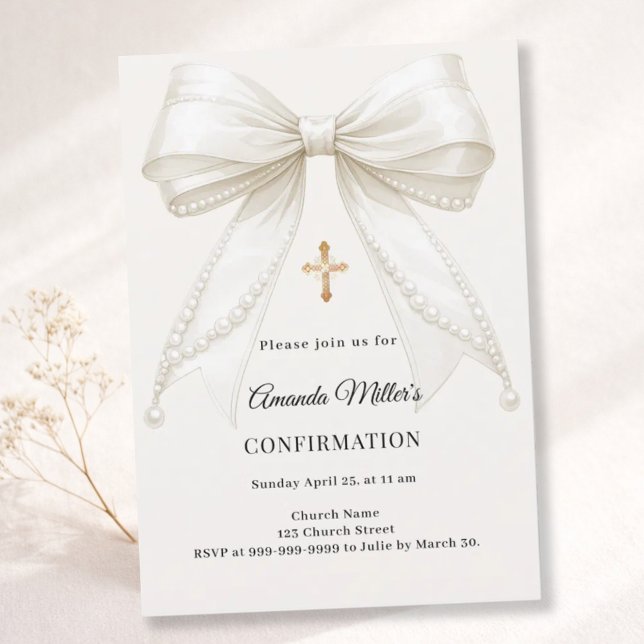 Invitación Bow ivory pearls girl elegant Confirmation (Subido por el creador)