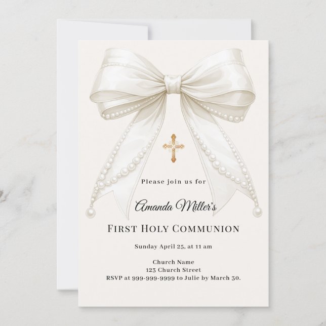 Invitación Bow ivory pearls girl elegant First Communion (Anverso)