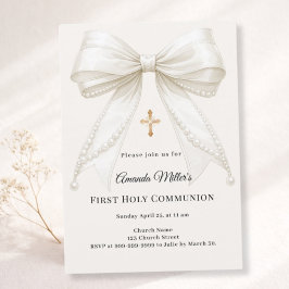 Invitación Bow ivory pearls girl elegant First Communion