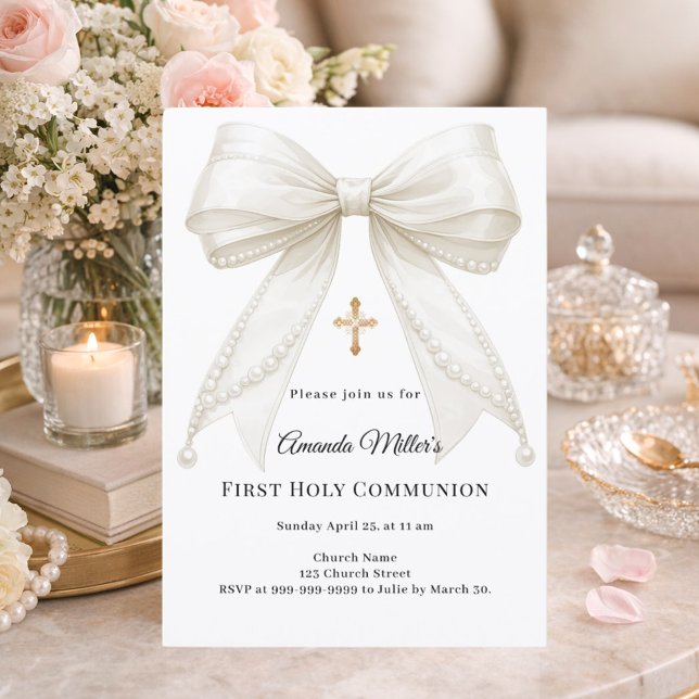 Invitación Bow ivory pearls girl elegant First Communion (Subido por el creador)