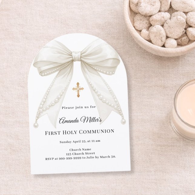 Invitación Bow ivory pearls girl elegant First Communion Arch (Subido por el creador)