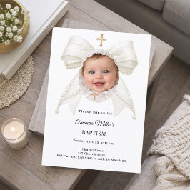 Invitación Bow Ivory Pearls Photo Girl Elegant Baptism