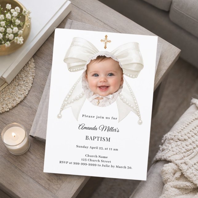 Invitación Bow Ivory Pearls Photo Girl Elegant Baptism (Subido por el creador)