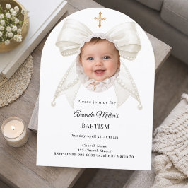 Invitación Bow Ivory Pearls Photo Girl Elegant Baptism Arch