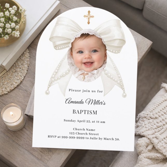 Invitación Bow Ivory Pearls Photo Girl Elegant Baptism Arch (Subido por el creador)
