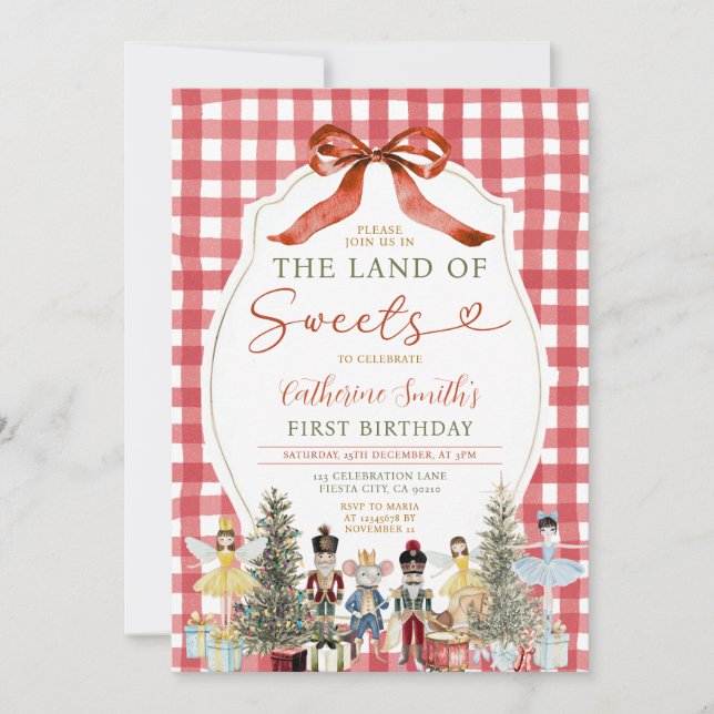 Invitación Bow Land of Sweets Birthday Nutcracker 1ª Gingham (Anverso)