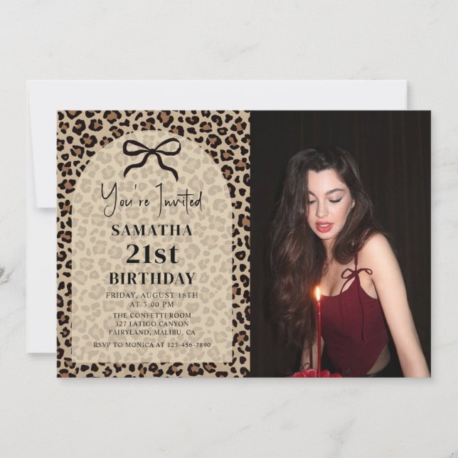 Invitación Bow Leopard Cheetah Birthday Photo Invitation (Anverso)