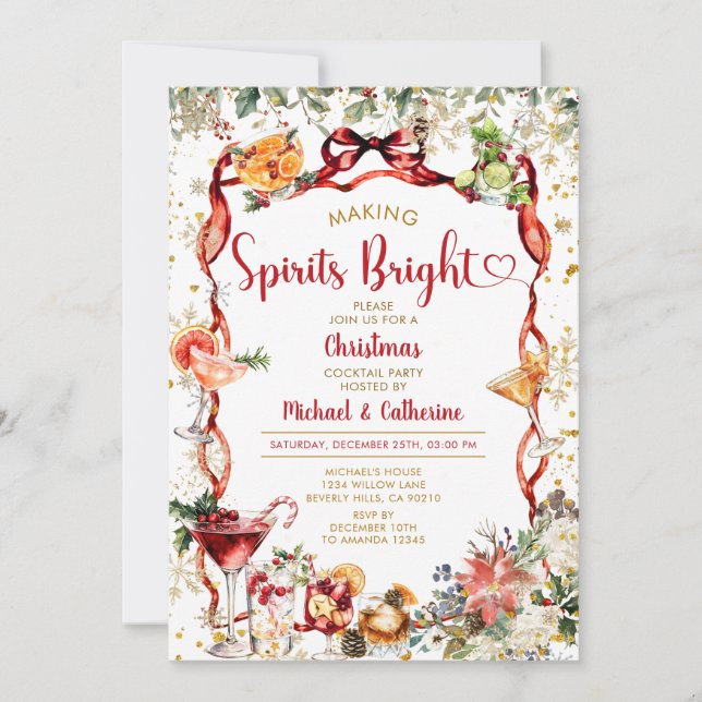 Invitación Bow Making Spirits Bright Christmas Cocktail party (Anverso)