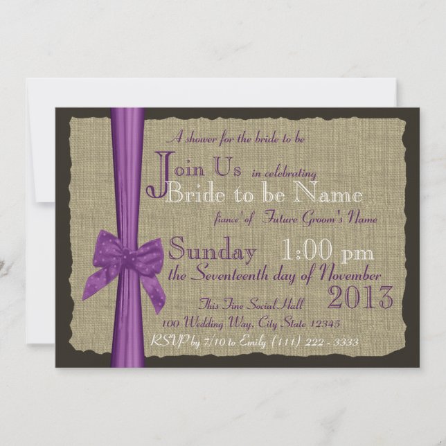 Invitación Bow morado y ducha de novia Burlap (Anverso)