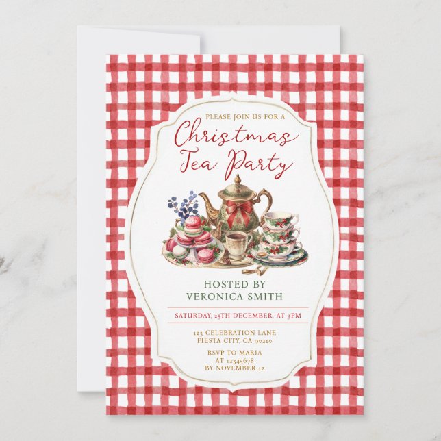 Invitación Bow Navidades Fiesta de té Floral Red Gingham Holi (Anverso)