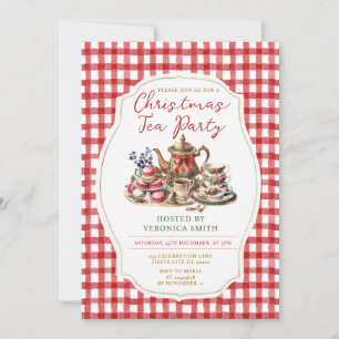 Invitación Bow Navidades Fiesta de té Floral Red Gingham Holi