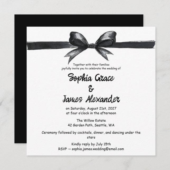 Invitación Bow negro y blanco | Boda elegante | Monocromo (Anverso / Reverso)