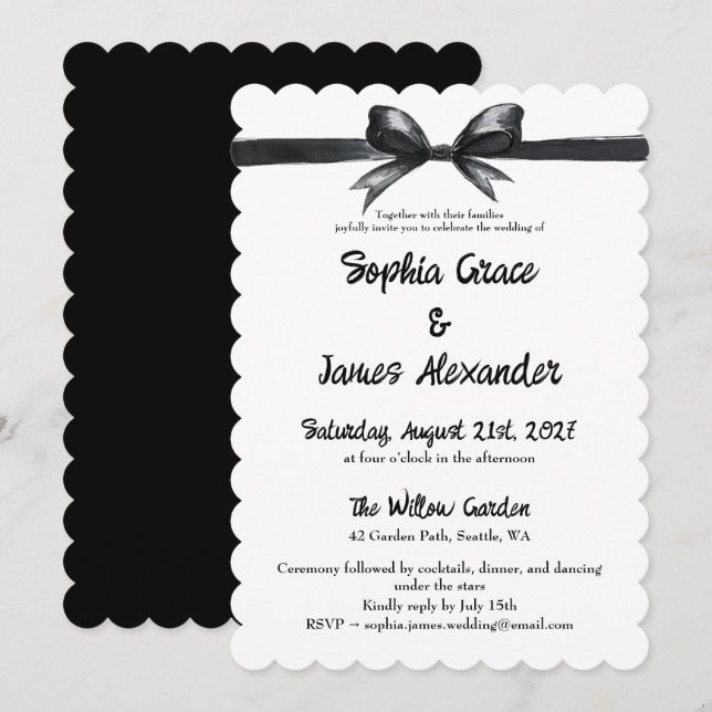 Invitación Bow negro y blanco | Boda elegante | Monocromo (Anverso / Reverso)