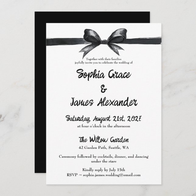 Invitación Bow negro y blanco | Boda elegante | Monocromo (Anverso / Reverso)