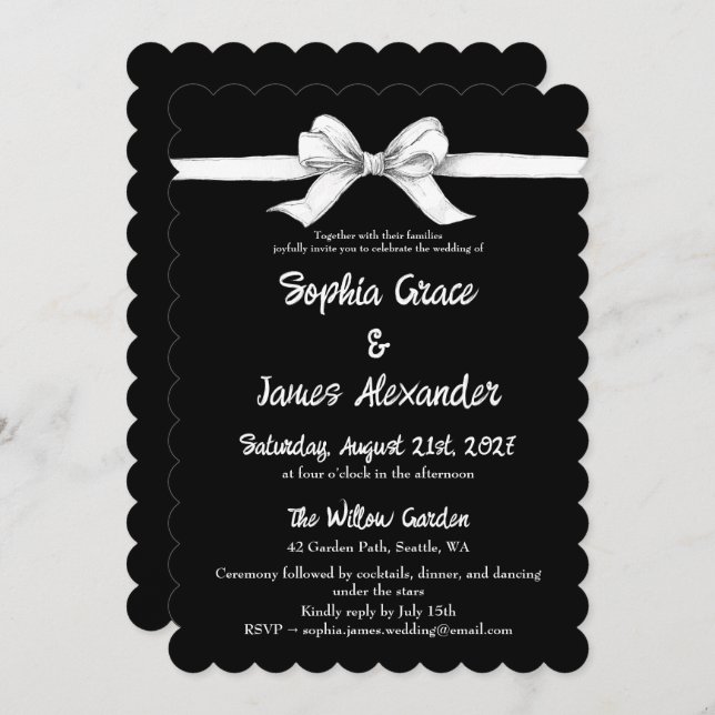 Invitación Bow negro y blanco | Boda elegante | Monocromo (Anverso / Reverso)