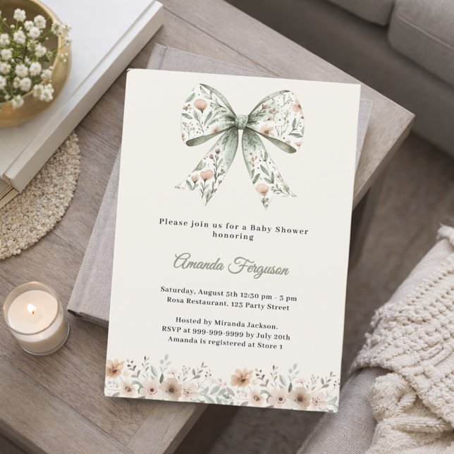 Invitación Bow neutral florals green ivory summer Baby Shower (Subido por el creador)