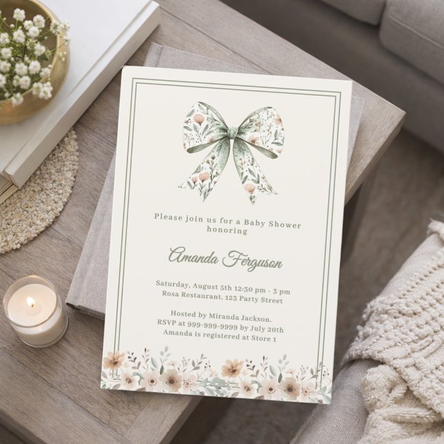 Invitación Bow neutral florals green ivory summer Baby Shower (Subido por el creador)