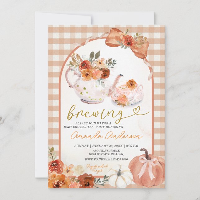 Invitación Bow orange pumpkin a baby is brewing Baby Shower (Anverso)