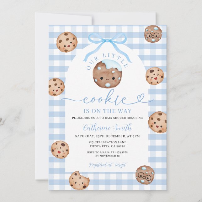 Invitación Bow Our Little Cookie Baby Shower Blue Gingham (Anverso)