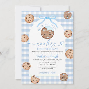 Invitación Bow Our Little Cookie Baby Shower Blue Gingham