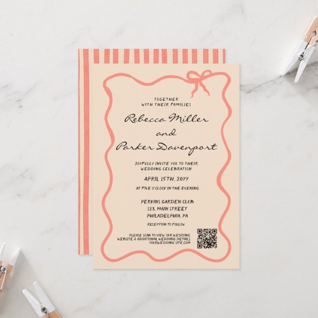 Invitación Bow Painted Pinstripes Wedding QR Code (Anverso/Reverso In Situ)