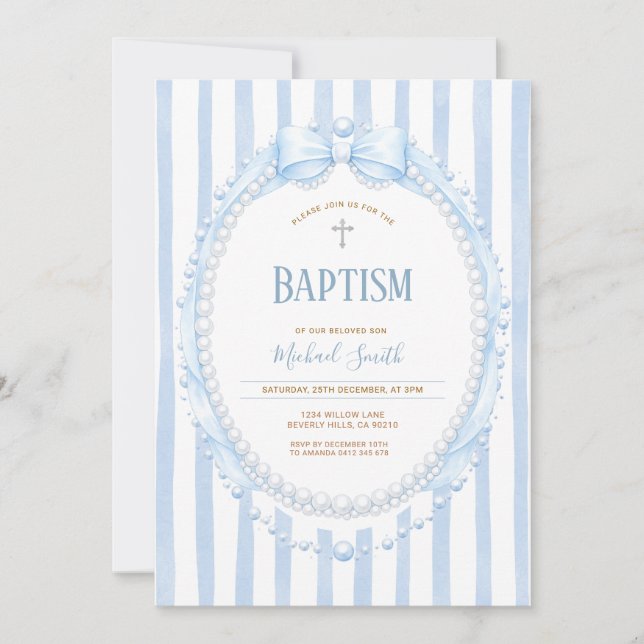 Invitación Bow & Pearl Oval Christening for Boy (Anverso)