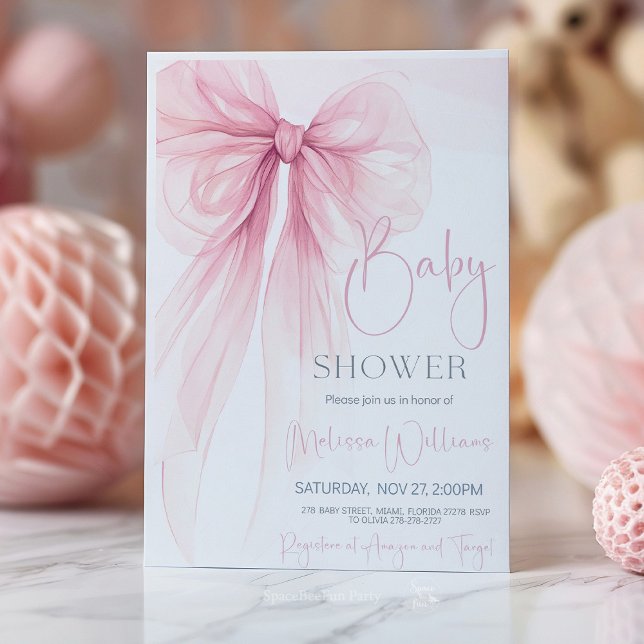 Invitación Bow Pink Coquette Baby Shower (Pink bow Coquette girl baby shower personalized collection with invitations, favors, and decorations)