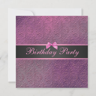 Invitación Bow & Pink Damask Birthday Invite