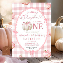 Invitación Bow Pink Gingham Pumpkin 1er cumpleaños