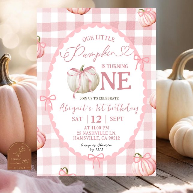 Invitación Bow Pink Gingham Pumpkin 1er cumpleaños (Subido por el creador)