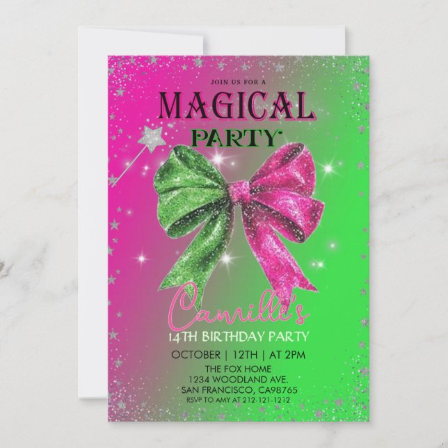 Invitación  Bow pink & green magical Birthday Party  (Anverso)