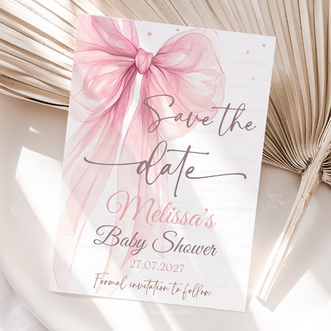 Invitación Bow Pink Guardar la fecha Baby Shower Coquette (Bow Pink Coquette Baby Shower Collection )
