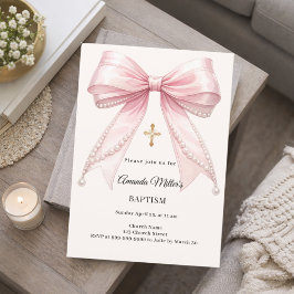 Invitación Bow Pink Ivory Pearls Girl Elegant Baptism