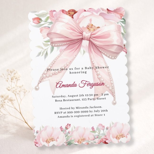 Invitación Bow pink pearls florals girl elegant Baby Shower (Subido por el creador)