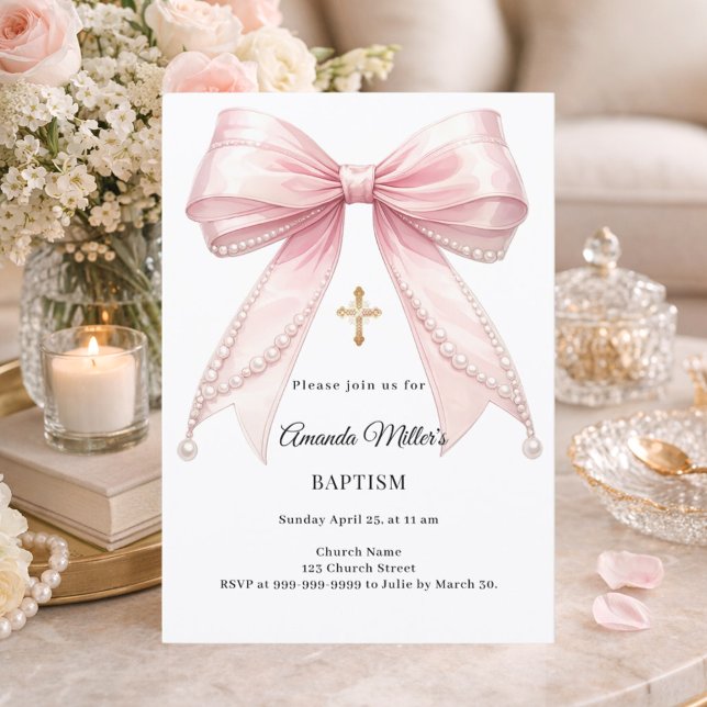 Invitación Bow Pink Pearls Girl Elegant Baptism (Subido por el creador)