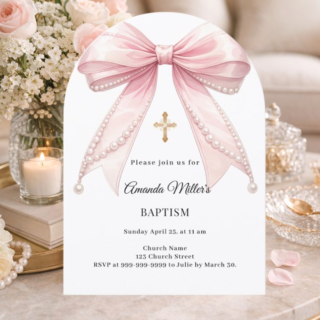 Invitación Bow Pink Pearls Girl Elegant Baptism Arch (Subido por el creador)