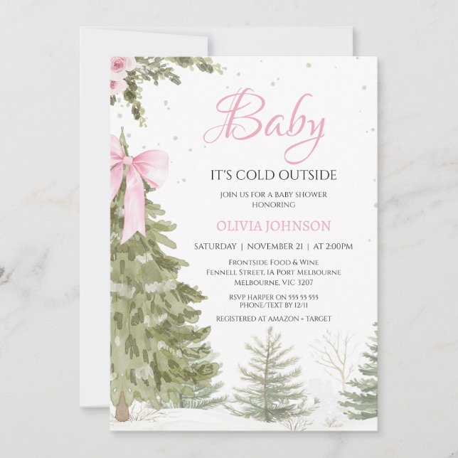 Invitación Bow Pink Tree Baby It's Cold Baby Shower (Anverso)