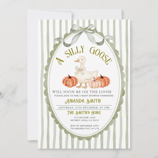 Invitación Bow Preppy Sage Fall Silly Goose Baby Shower (Anverso)