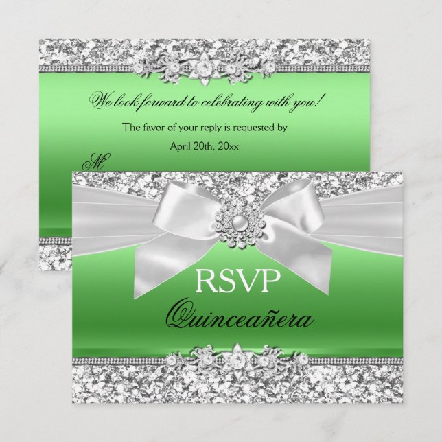 Invitación Bow Quinceanera RSVP, Purpurina verde limón platea (Anverso / Reverso)
