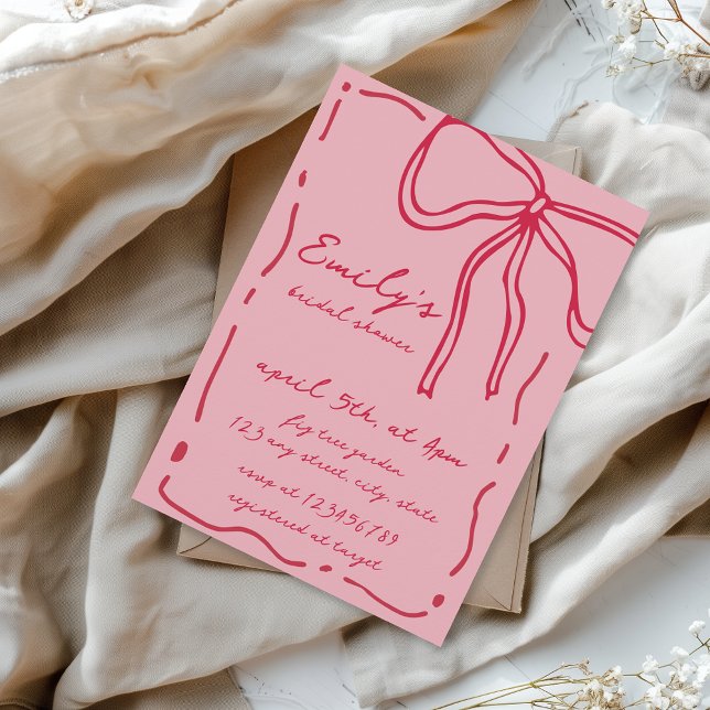 Invitación Bow Quirky Hand Drawn Red Pink Bridal Shower (Bow Preppy Coquette Pink and Red Quirky Bridal Shower Invitation)