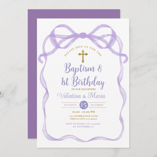 Invitación Bow Ribbon Baptism y 1er cumpleaños Purple (Anverso / Reverso)