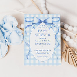 Invitación Bow Ribbon Blue Gingham Baby Boy Shower