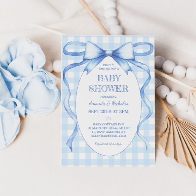 Invitación Bow Ribbon Blue Gingham Baby Boy Shower (Subido por el creador)