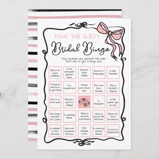 Invitación Bow Ribbon Bridal Shower Find the Guest BINGO (Anverso / Reverso)