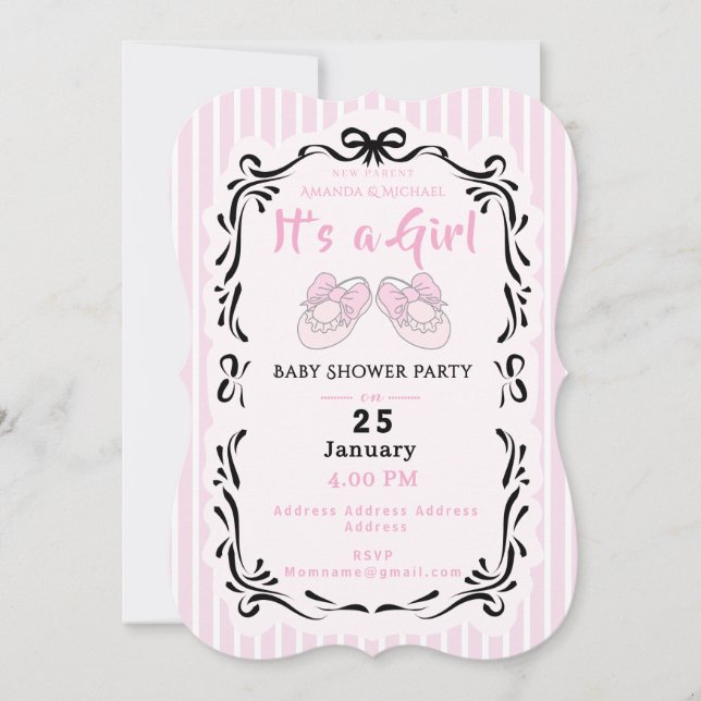 Invitación Bow Ribbon es un Chica Baby Shoe Black Pink (Anverso)