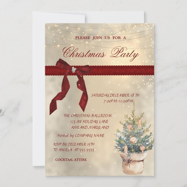Invitación Bow Rojo, Árbol Pino, Fiesta de Navidades Corporat (Anverso)