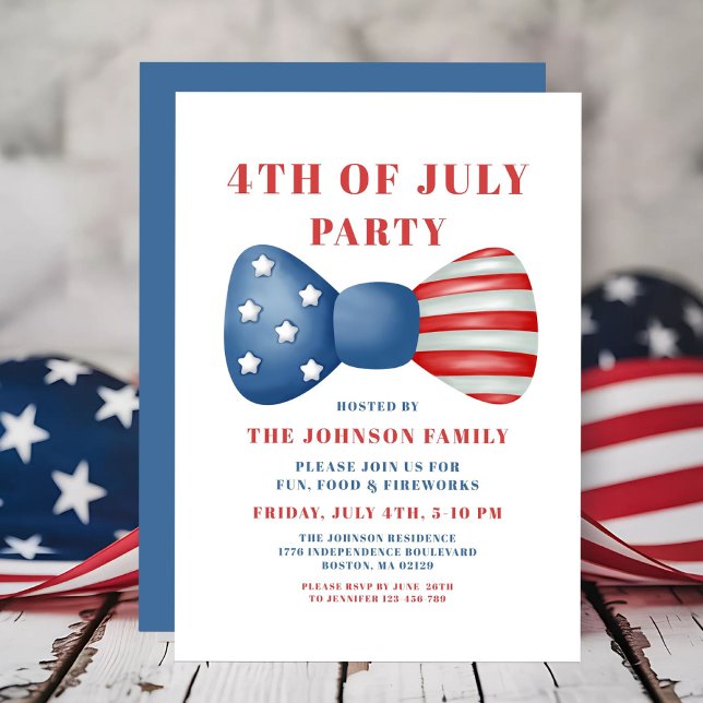 Invitación Bow Rojo, Blanco Y Azul 4 De Julio (Red, White And Blue Bow 4th Of July Invitation)
