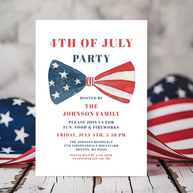 Invitación Bow Rojo, Blanco Y Azul 4 De Julio (Red, White And Blue Bow 4th Of July Invitation)