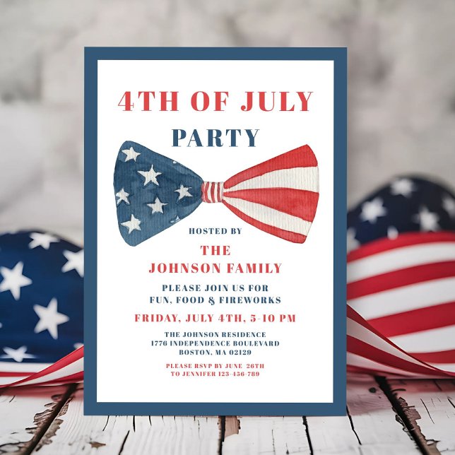 Invitación Bow Rojo, Blanco Y Azul 4 De Julio (Red, White And Blue Bow 4th Of July Invitation)